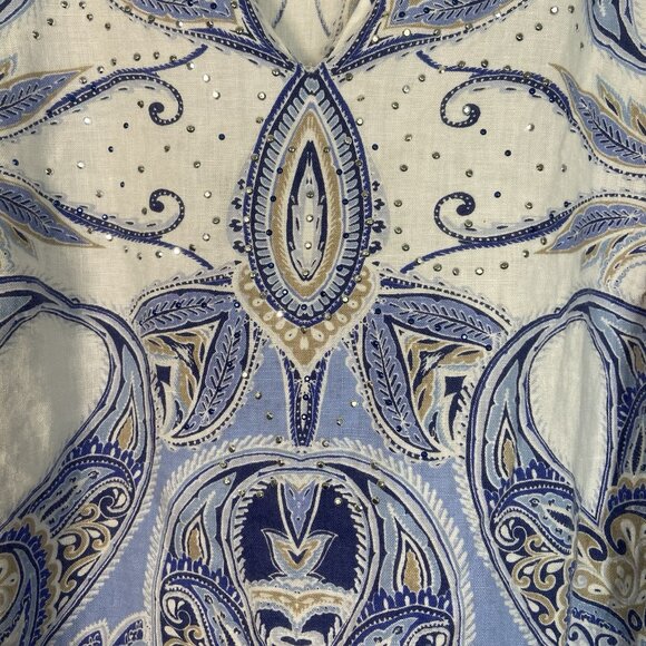 JM Collection Bohemian Womens L Large Linen Pullover Tunic Top Blue Paisley Stud - Picture 2 of 10